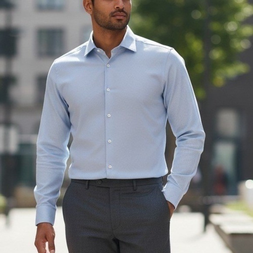 TWILLORY Mens Tailored Fit Non Iron Dress Shirt Light Blue Check 17 34/35